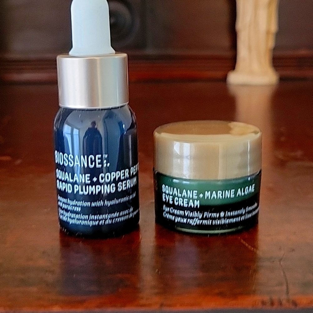 NEW, unopened. Biossance Duo: Travel Size eye cream and Rapid Plumping Serum.